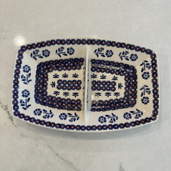 Manufaktura Boleslawcu Chip Dip Polish Pottery Divided Dish Floral Blue Red - Picture 1 of 8